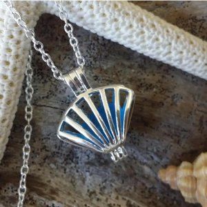 Seashell Wish Locket Blue Sea Glass Necklace Women Jewelry Gift